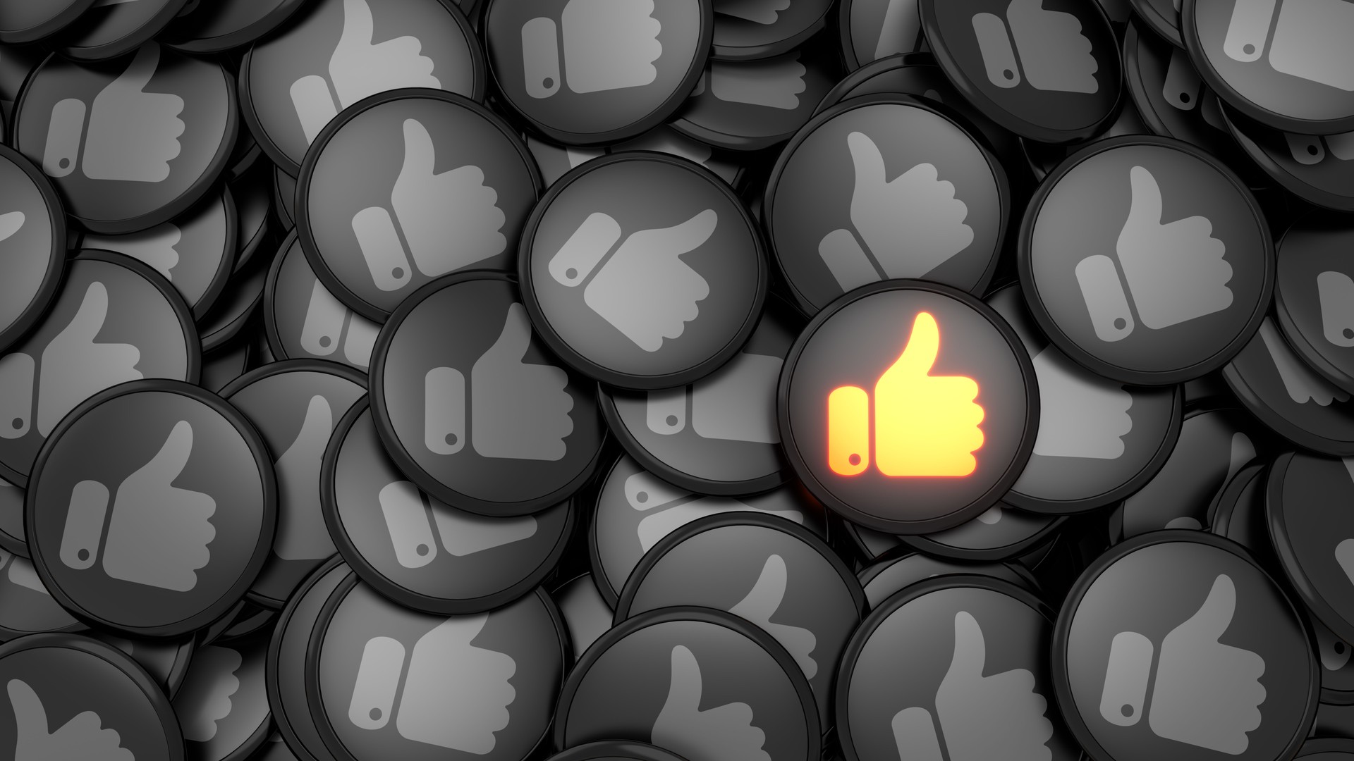 Background with many black badges and unique one with yellow like sign. Stand out from the crowd. Thumbs up symbol. Social media 3d illustration.